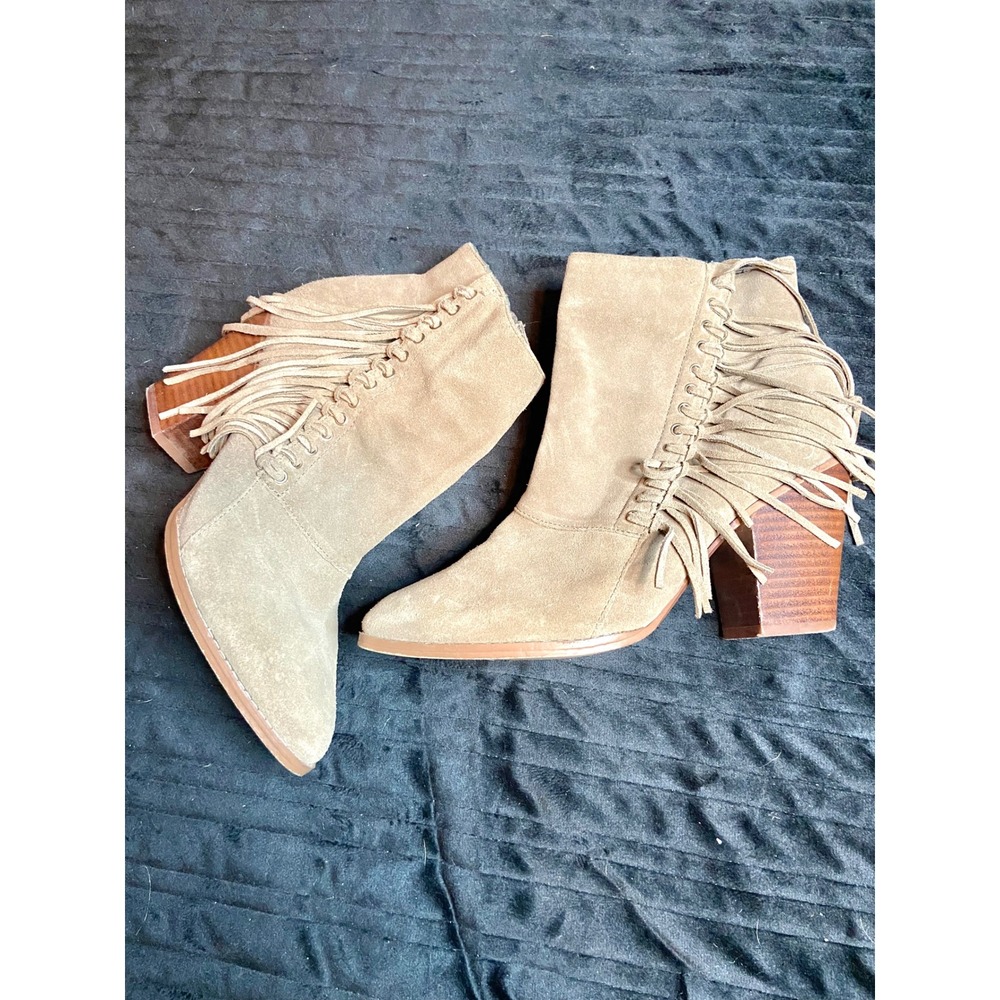 ALDO Tan Suede Fringe Western Boho Ankle Boots Pointed Toe Block Heel Sz 8